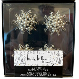 Nicole Miller Faux Pearl Snowflake Napkin Ring Set of 4 Holiday Glam Decor NEW